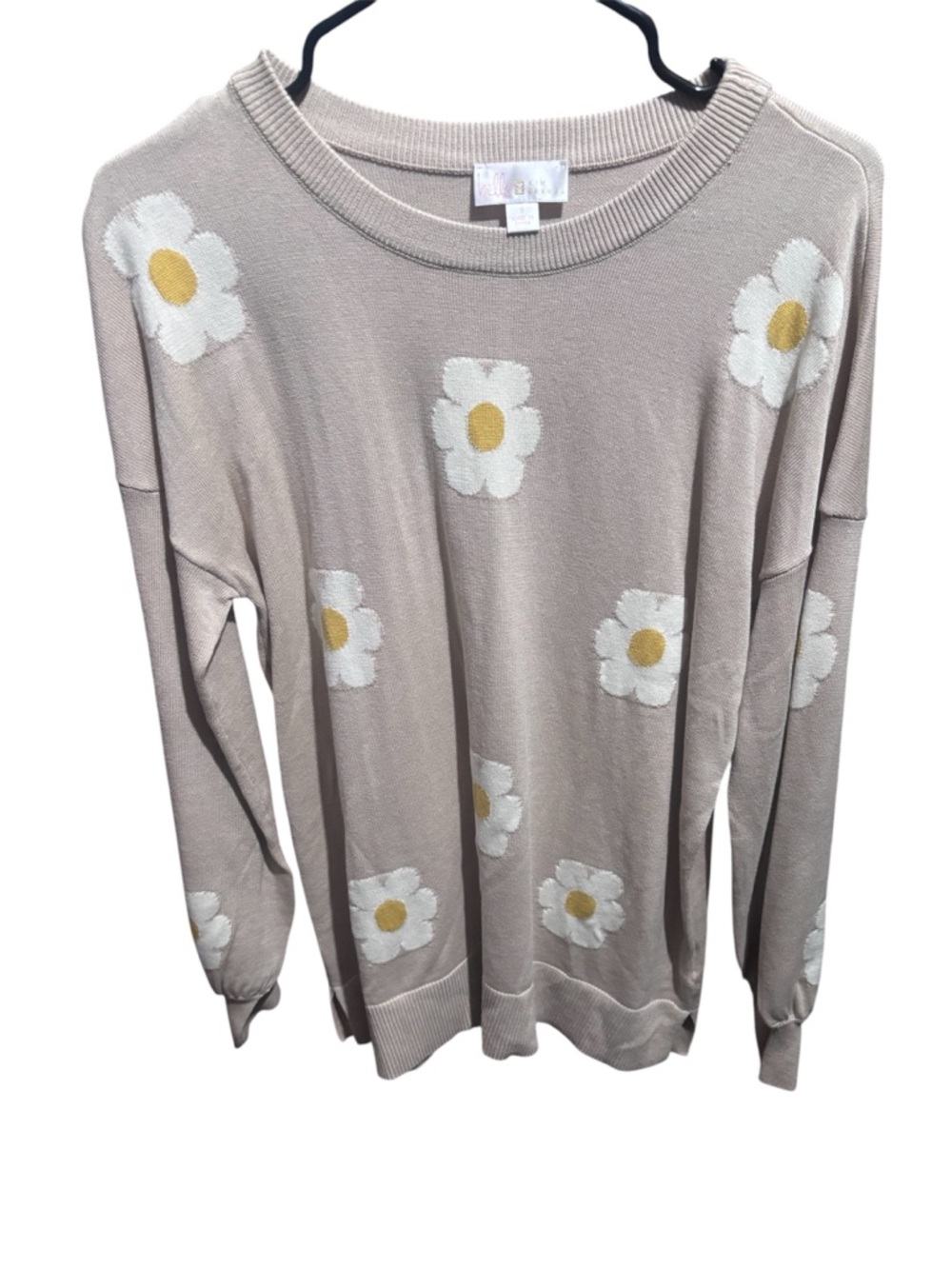 Belle by Kim gravel  Print Crewneck Sweater in Light Taupe & White